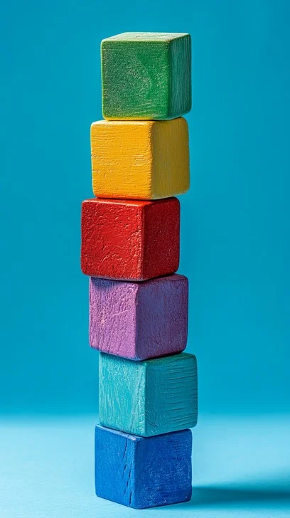 An abstract still life photograph of brightly colored geometric blocks stacked against a blue background.